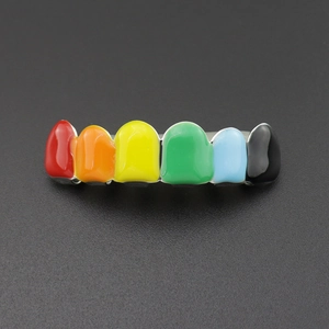 Top view of rainbow enamel hip hop dental grills with multi-colored 6-tooth design