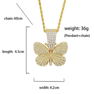 Detailed view of hip-hop butterfly pendant size 4.5cm by 4.2cm on a 60cm gold rope chain