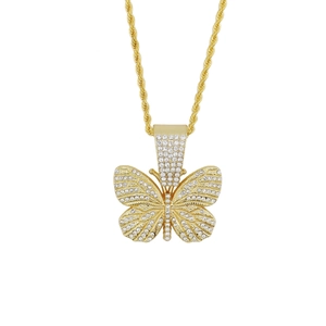 Hip hop golden butterfly pendant necklace with pavé crystals on thick rope chain