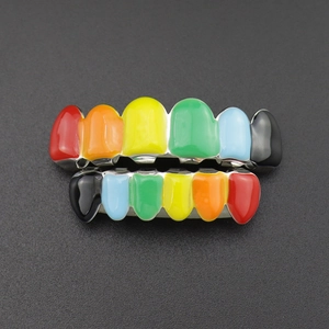 Rainbow plated hip hop grillz set with colorful enamel finish for top and bottom teeth