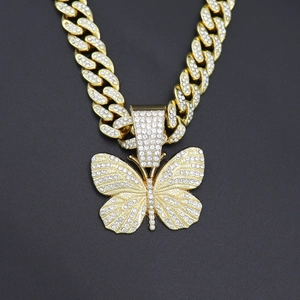 Hiphop iced out butterfly pendant necklace with golden cuban link chain for men and women