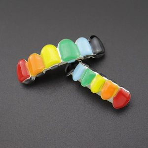 Rainbow gradient hip hop teeth grillz set with high-gloss gold plating and colorful drip oil finish