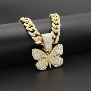 Hip Hop Iced Out Butterfly Pendant Necklace For Men Women Gold Silver Alloy Rhinestone Cuban Link Rope Chain Jewelry