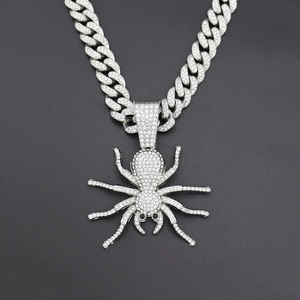 Hip hop iced out silver cuban chain with large spider pendant for men in silver finish