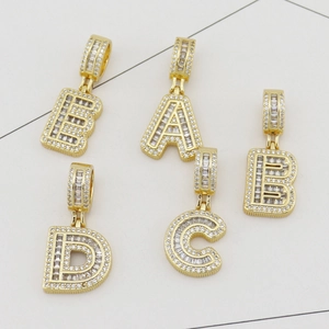 Pendentifs alphabet plaqués or avec zircons cubiques pour bijoux hip-hop