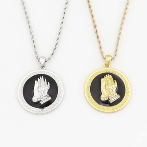 Vintage hip hop prayer hands coin necklace with Greek key pattern and twist rope chain