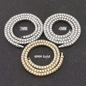 Golden and silver 3mm and 4mm tennis chains with single row of round cubic zirconia