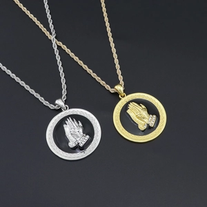 Hip hop style gold and silver prayer hand medallion necklace with Greek fret design