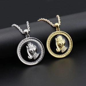 Hip Hop Praying Hands Pendant Necklace Alloy Rhinestone Greek Key Meander Border Black Enamel Rope Chain Jewelry For Men