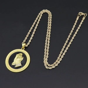 Vintage hip hop praying hands pendant necklace with Greek meander border and rope chain