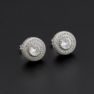Hiphop silver-tone round stud earrings with micro-paved sparkling cubic zirconia stones