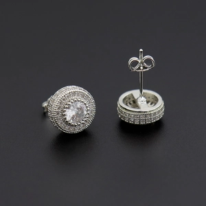 Classic silver-toned iced-out button stud earrings with micro-pave crystals for hiphop style