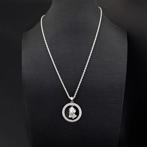 Retro hip hop silver necklace featuring a prayer hands round pendant on rope chain