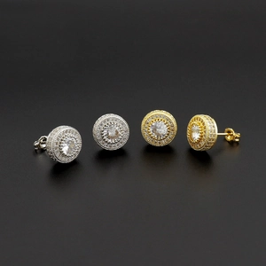 Hiphop micro-pave button stud earrings in silver and gold colors with zircon stones
