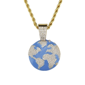 Hip hop world map globe pendant with blue enamel and rhinestones on gold twist chain