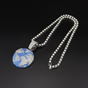Hip hop world map globe pendant with blue enamel and tennis chain encrusted in diamonds