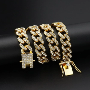 Chaîne cubaine dorée de 12 mm avec diamants pavés et fermoir de sécurité style hip-hop
