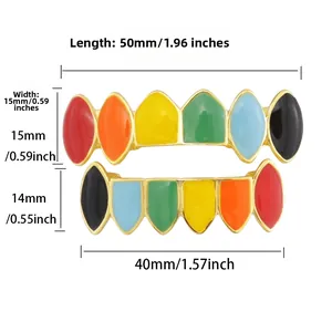 Detailed dimension guide for rainbow enamel gold plated hip hop teeth grills set