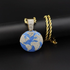 Hip Hop World Map Earth Pendant Necklace Alloy Rhinestone Enamel Blue Gold Silver Cuban Rope Tennis Chain Men Women Jewelry