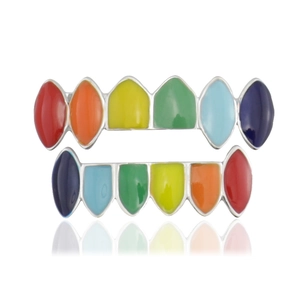 Rainbow gradient teeth grillz set with colorful enamel finish on polished silver frame