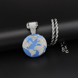 Hip hop world map globe pendant necklace with iced out crystal diamonds on rope chain