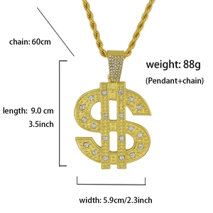 Detailed dimensions of iced-out gold dollar sign hip hop pendant with rope chain
