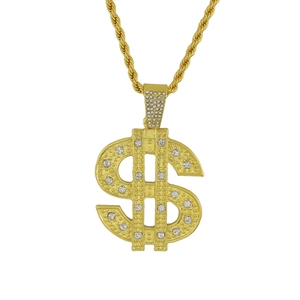 Hip hop dollar sign pendant with sparkling rhinestones on golden rope chain necklace