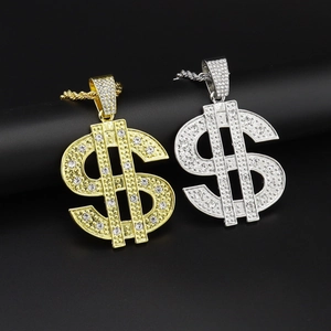 Iced out gold and silver dollar sign hip hop pendant necklaces with rope chains