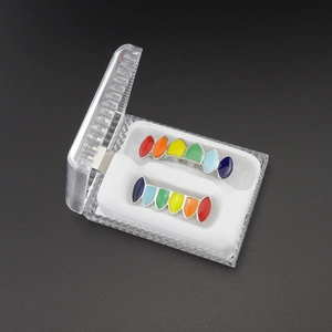 Rainbow plated hip hop teeth grills in storage box with colorful enamel drip finish