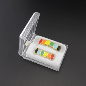 Hip hop rainbow teeth grills with gold plating and colorful enamel drip finish in box