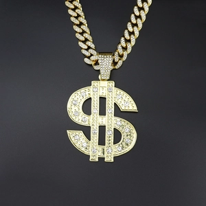 Hip hop gold dollar sign pendant necklace with iced out crystals and Cuban chain