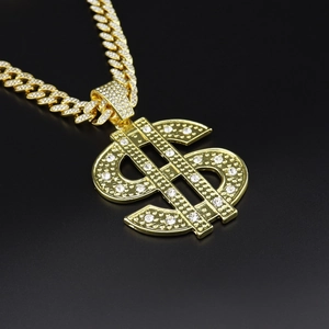 Iced out gold dollar sign pendant with cuban link chain hip hop necklace for men and women