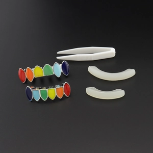 Rainbow plated hip hop teeth grillz set with silicone molding bars and tweezers kit