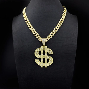 Hip Hop Alloy Rhinestone Dollar Sign Pendant Necklace Iced Out Money Symbol Pendant With Rope Cuban Tennis Chain Jewelry