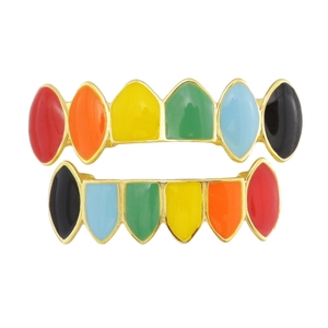 Colorful rainbow enamel teeth grills hip hop style dental accessory on white background