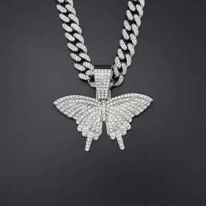 Collier Pendentif Papillon en Strass Alliage de Zinc Hip Hop Maillon Cubain Chaîne Corde Bijoux pour Femmes Hommes Fête
