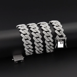 14mm brede zilveren cubaanse ketting met dubbele rij sprankelende diamanten