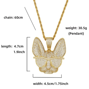 Pendentif bouledogue hip hop plaqué or avec zircons et détails sur les dimensions