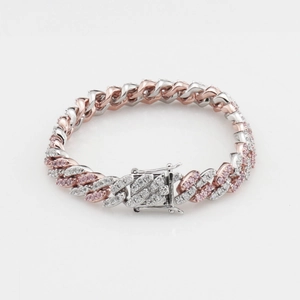 Vereistes 8mm Cuban-Link-Armband mit weißen und rosa Steinen in Silber und Roségold-Finish