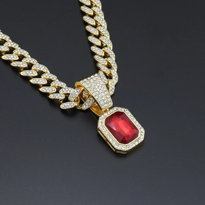 Hiphop Rectangle Red Synthetic Gemstone Pendant Necklace Iced Out Gold Cuban Chain For Men Women Hiphop Jewelry Gift