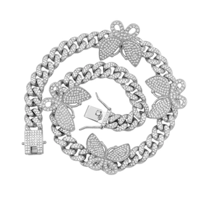 Collier cubain hip hop en argent avec pendentifs papillon et diamants blancs