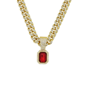 Iced out gold Cuban link necklace featuring a large rectangle ruby pendant for hip hop style