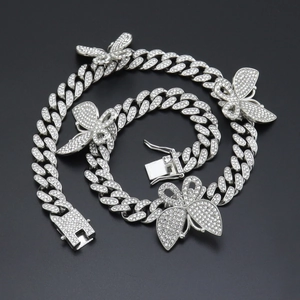 Collier Cuban Link Papillon Hip Hop Iced Out en Alliage avec Strass Bijoux pour Homme Femme Or Argent Or Rose Ras du Cou