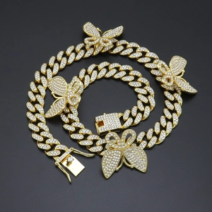 Chaîne cubaine dorée hip hop avec pendentifs papillons et strass blancs scintillants