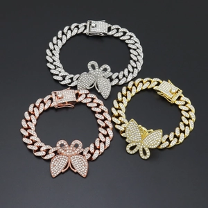 Bracelets papillon à maille cubaine hip-hop en or, argent et or rose avec cristaux pavés
