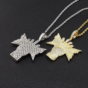 Iced out hip hop necklace with dollar sign and wings design in gold and silver finish
