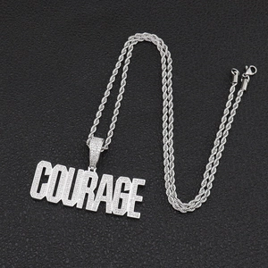 Collier hip-hop avec pendentif lettre COURAGE en argent serti de zircons cubiques