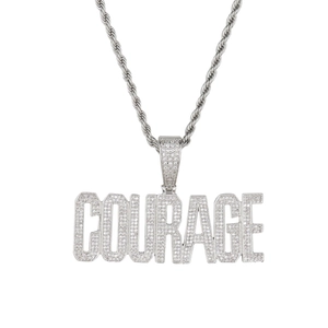 Collier hip hop argenté avec pendentif COURAGE et chaîne de corde en zircones cubiques