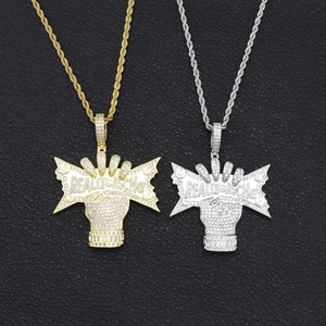Hip Hop Iced Out Really Rich Pendant Necklace Zirconia Pavé Copper Fist Charm Stainless Steel Rope Chain Street Jewelry
