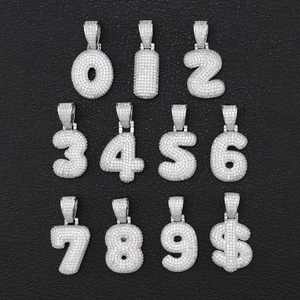 Ensemble pendentifs chiffres 0-9 et dollar argenté style bubble avec zircons cubiques